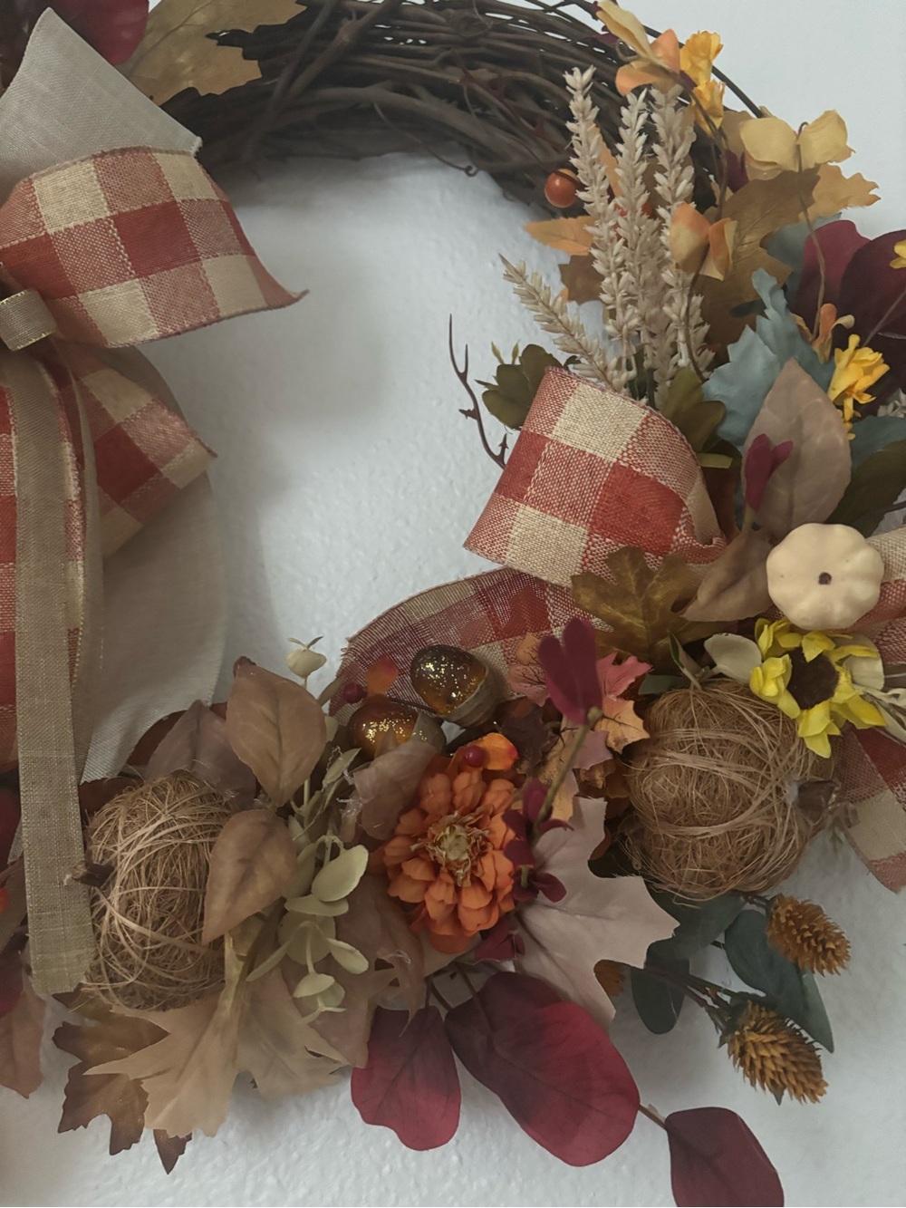 Hand Crafted Burnt Orange Cream Plaid Bow Grapevine Wreath w/Autumn  Final Sale